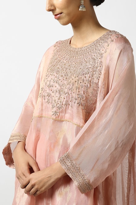 Buy_Latha Puttanna_Pink Banaras Silk Tissue Embroidered Bead Straight Kurta And Pant Set  _Online_at_Aza_Fashions