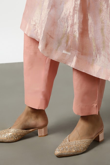 Shop_Latha Puttanna_Pink Banaras Silk Tissue Embroidered Bead Straight Kurta And Pant Set  _Online_at_Aza_Fashions