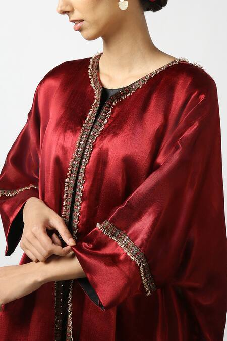 Buy_LATHA PUTTANNA_Red Modal Silk Embroidered Ikat Round Long Jacket _Online_at_Aza_Fashions