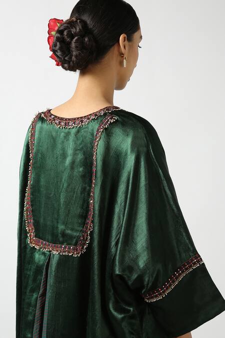 Buy LATHA PUTTANNA Green Modal Silk Embroidered Ikat Round Long Jacket Online at Aza Fashions Buy_LATHA PUTTANNA_Green Modal Silk Embroidered Ikat Round Long Jacket _Online_at_Aza_Fashions