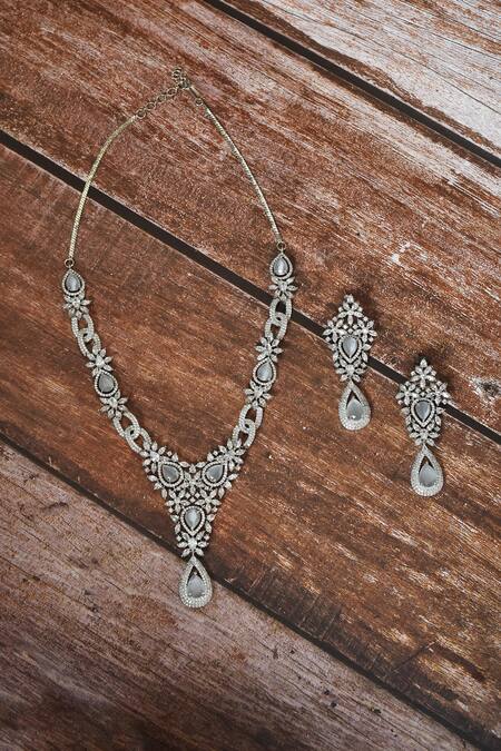 Shop_Kohar By Kanika_Grey Faux Diamonds And Stone Studded Pendant Necklace Set_at_Aza_Fashions