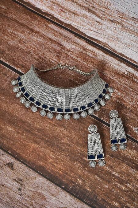 Shop Kohar By Kanika Blue Stone And Faux Diamond Encrusted Choker Set at Aza Fashions Shop_Kohar By Kanika_Blue Stone And Faux Diamond Encrusted Choker Set_at_Aza_Fashions