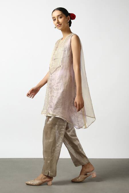 LATHA PUTTANNA_Purple Silk Tissue Embroidery Gota Keyhole Stripe Yoke Kurta And Pant Set _Online_at_Aza_Fashions