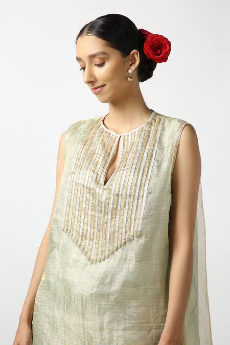 Buy_LATHA PUTTANNA_Green Silk Tissue Embroidery Gota Keyhole Stripe Kurta And Pant Set _Online_at_Aza_Fashions