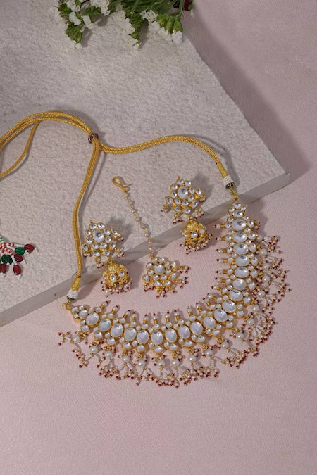 Shop Namasya White Pearls Kundan And Drop Embellished Necklace Set at Aza Fashions Shop_Namasya_White Pearls Kundan And Drop Embellished Necklace Set _at_Aza_Fashions