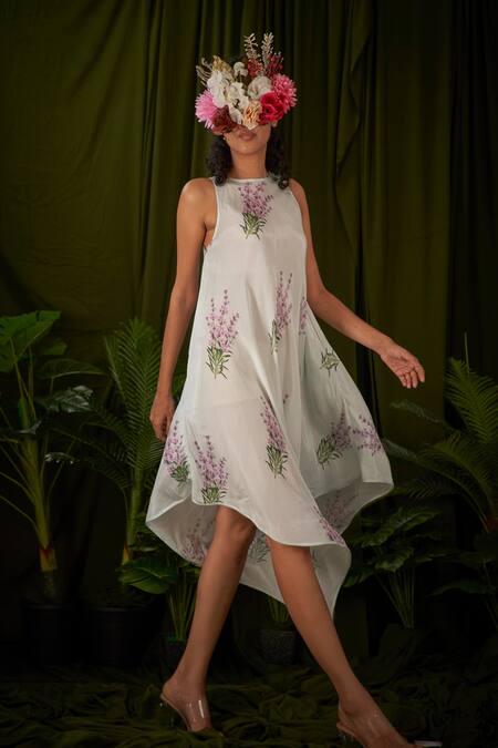 Buy_Pooja Bagaria_Blue Silk Embroidery Round Neck Lavender Print Handkerchief Dress_Online_at_Aza_Fashions