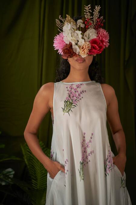 Shop_Pooja Bagaria_Blue Silk Embroidery Round Neck Lavender Print Handkerchief Dress_Online_at_Aza_Fashions