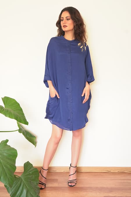 Seesa Blue Chiffon Placement Hand Embroidery Crystal Iris Kaftan Dress 