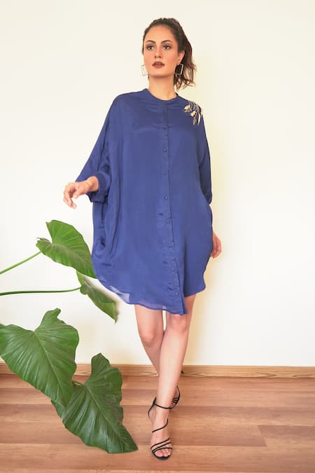Seesa_Blue Chiffon Crystals Round Neck Iris Kaftan Dress _Online_at_Aza_Fashions