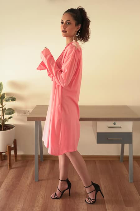 Seesa_Pink Viscose Pearls, Feathers V-neck Diva Placement Embroidered Dress _Online_at_Aza_Fashions