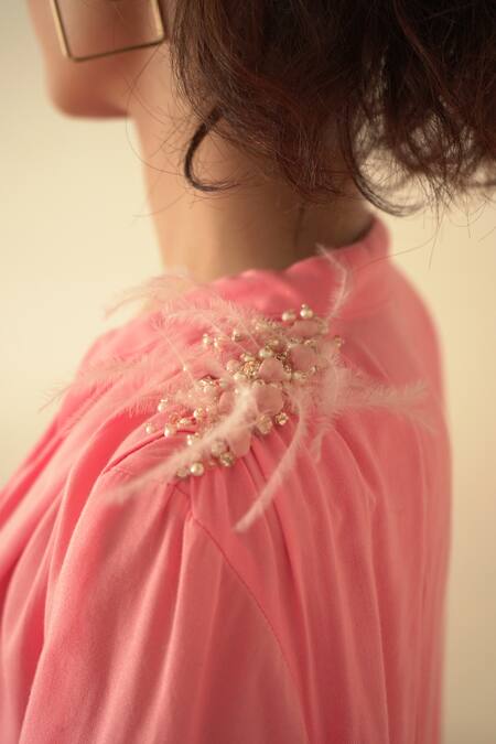 Buy_Seesa_Pink Viscose Pearls, Feathers V-neck Diva Placement Embroidered Dress _Online_at_Aza_Fashions