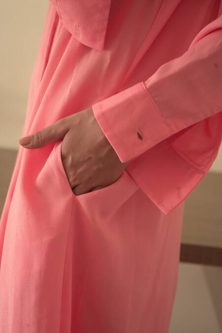 Shop_Seesa_Pink Viscose Pearls, Feathers V-neck Diva Placement Embroidered Dress _Online_at_Aza_Fashions