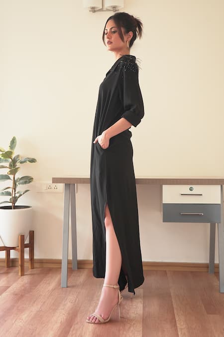 Seesa_Black Viscose Feathers, Sequins Collared Placement Hand Embroidered Kaftan _Online_at_Aza_Fashions