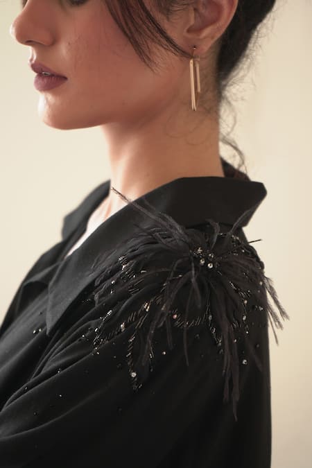 Buy_Seesa_Black Viscose Feathers, Sequins Collared Placement Hand Embroidered Kaftan _Online_at_Aza_Fashions