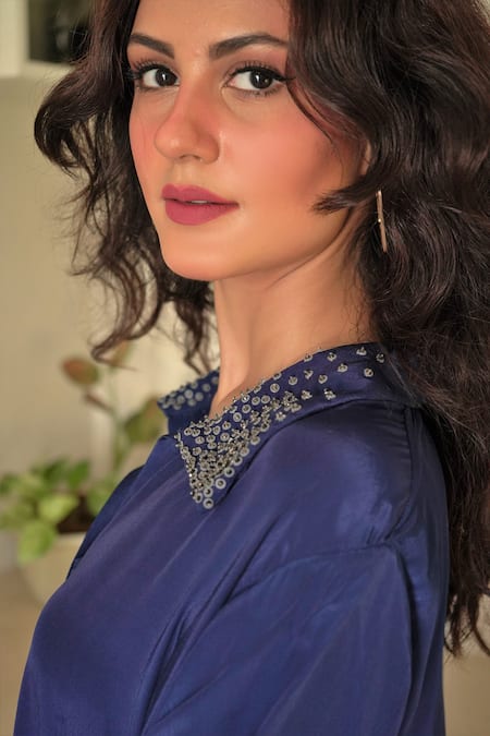 Buy_Seesa_Blue Crepe Sequins Collared Heather Hand Embroidered Kaftan _Online_at_Aza_Fashions