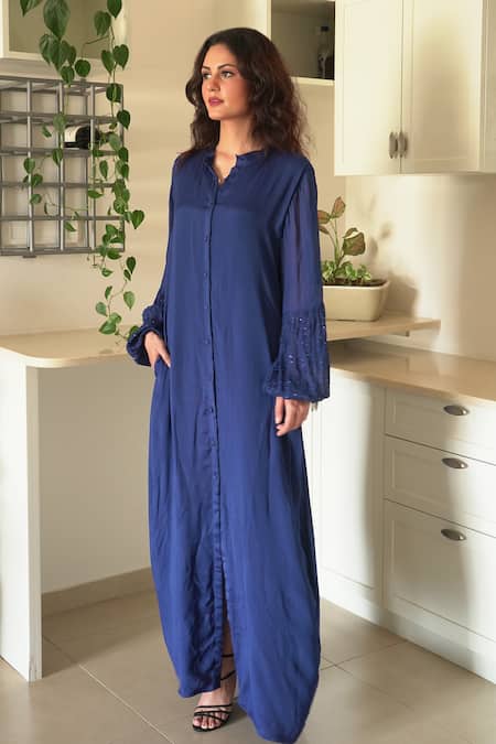 Seesa_Blue Chiffon Sequins, Embroidery Collared Alexa Long Kaftan _Online_at_Aza_Fashions