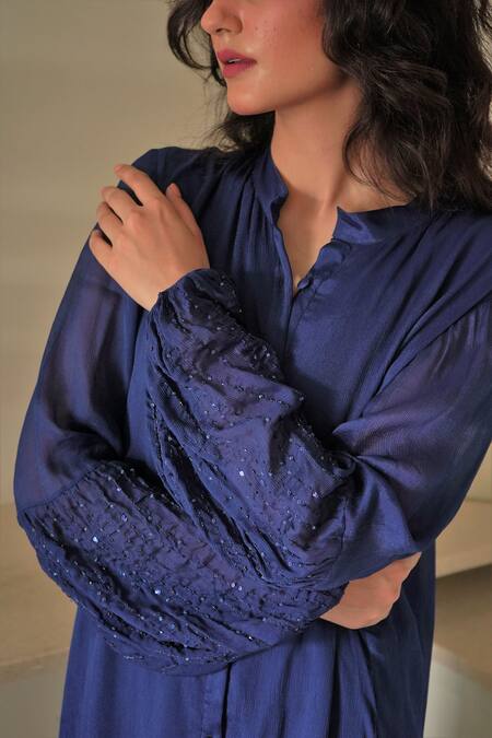 Buy_Seesa_Blue Chiffon Sequins, Embroidery Collared Alexa Long Kaftan _Online_at_Aza_Fashions