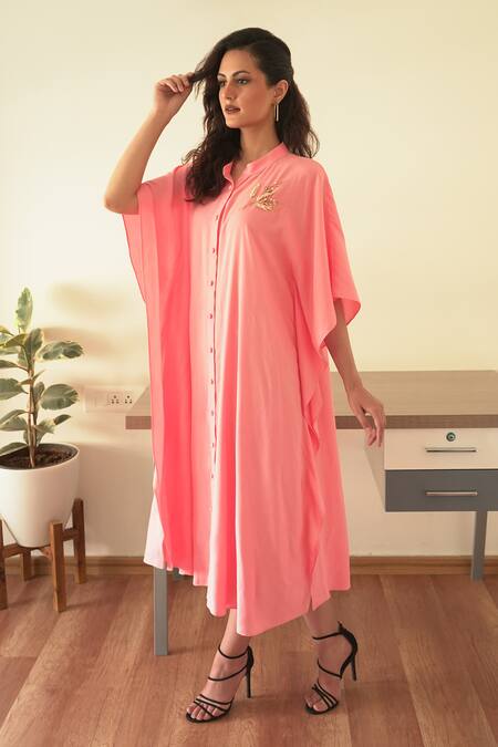 Seesa Pink Viscose Sequins, Crystals Collared Alaia Kaftan Dress Online at Aza Fashions Seesa_Pink Viscose Sequins, Crystals Collared Alaia Kaftan Dress _Online_at_Aza_Fashions