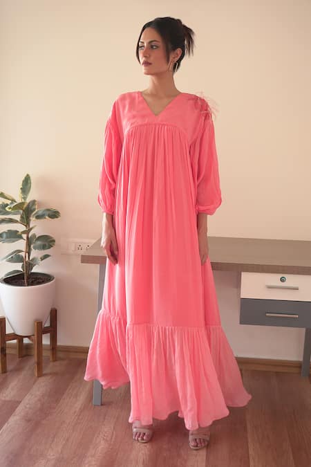 Seesa Pink Natural Crepe Placement Hand Embroidery Crystal V Gizele Dress 