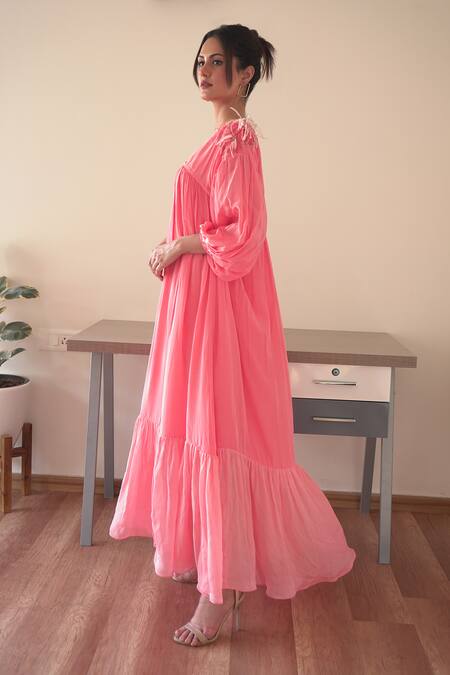 Seesa_Pink Chiffon, Crepe Crystals, Sequins Gizele Placement Hand Embroidered Dress _Online_at_Aza_Fashions
