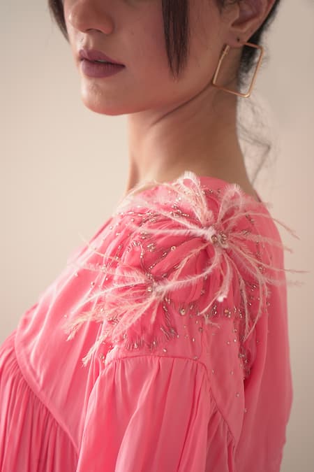 Buy_Seesa_Pink Chiffon, Crepe Crystals, Sequins Gizele Placement Hand Embroidered Dress _Online_at_Aza_Fashions