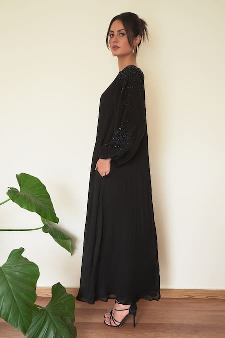 Seesa Black Chiffon, Organza Crystals, Embroidery Round Asteria Hand Sleeve Dress Online at Aza Fashions Seesa_Black Chiffon, Organza Crystals, Embroidery Round Asteria Hand Sleeve Dress _Online_at_Aza_Fashions