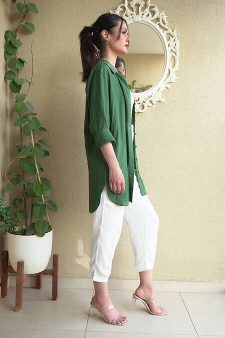 Seesa_Green Viscose Sequins Collared Bianca Hand Embroidered Shirt_Online_at_Aza_Fashions