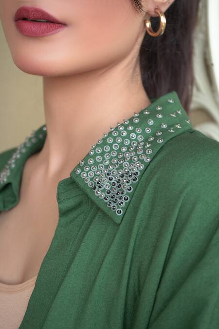 Buy_Seesa_Green Viscose Sequins Collared Bianca Hand Embroidered Shirt_Online_at_Aza_Fashions