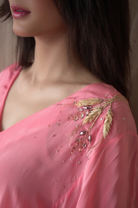 Buy_Seesa_Pink Crepe Crystals V-neck Celeste Placement Hand Embroidered Top _Online_at_Aza_Fashions