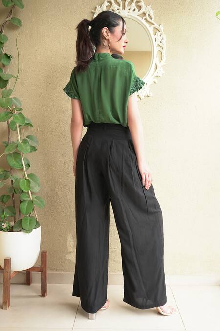 Shop_Seesa_Green Crepe, Organza Embroidery High Neck Tara Top _at_Aza_Fashions