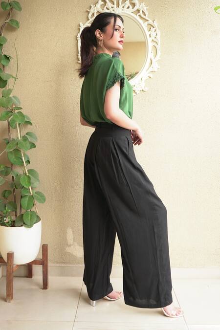 Seesa_Green Crepe, Organza Embroidery High Neck Tara Top _Online_at_Aza_Fashions