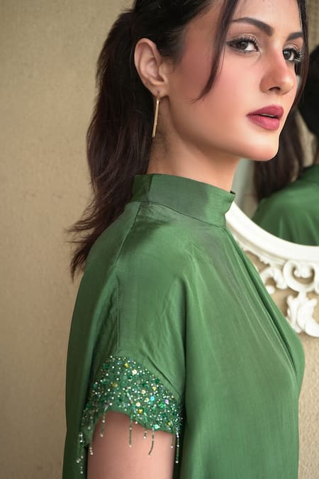 Buy_Seesa_Green Crepe, Organza Embroidery High Neck Tara Top _Online_at_Aza_Fashions
