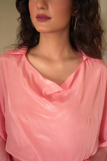 Buy_Seesa_Pink Crepe Sequins Collared Ines Bishop Sleeve Top _Online_at_Aza_Fashions