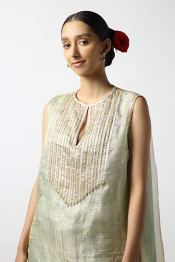 Shop LATHA PUTTANNA Blue Silk Tissue Embroidery Gota Keyhole Sleeveless Stripe Kurta And Pant Set Online at Aza Fashions Shop_LATHA PUTTANNA_Blue Silk Tissue Embroidery Gota Keyhole Sleeveless Stripe Kurta And Pant Set _Online_at_Aza_Fashions
