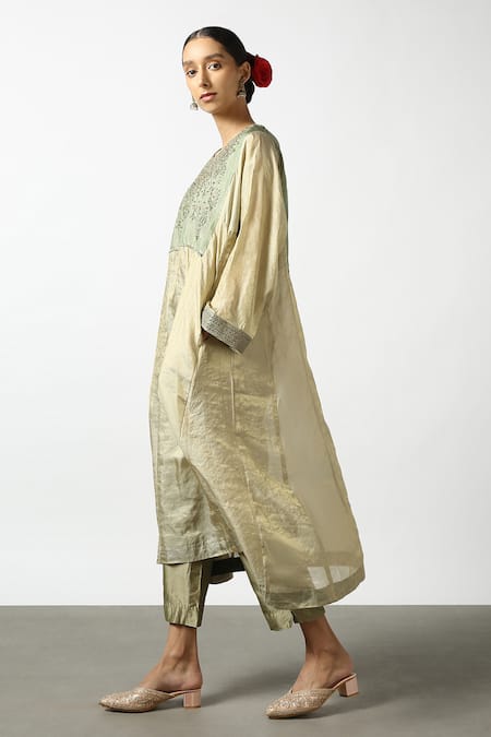 Latha Puttanna Green Banaras Silk Tissue Embroidered Bead Round Kurta And Pant Set Online at Aza Fashions Latha Puttanna_Green Banaras Silk Tissue Embroidered Bead Round Kurta And Pant Set _Online_at_Aza_Fashions