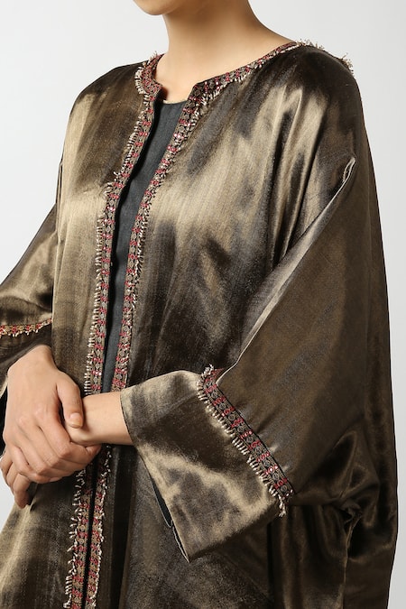 Latha Puttanna Brown Modal Silk Embroidered Ikat Round Long Jacket   5