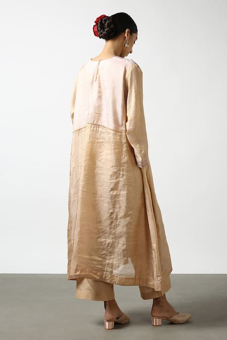 Shop Latha Puttanna Beige Banaras Silk Tissue Embroidered Bead Round Kurta And Pant Set at Aza Fashions Shop_Latha Puttanna_Beige Banaras Silk Tissue Embroidered Bead Round Kurta And Pant Set _at_Aza_Fashions