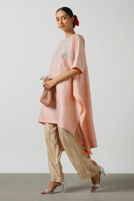 Latha Puttanna Peach Raw Silk Embroidered Mirror Round Asymmetric Kurta And Pant Set Online at Aza Fashions Latha Puttanna_Peach Raw Silk Embroidered Mirror Round Asymmetric Kurta And Pant Set _Online_at_Aza_Fashions