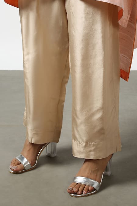 Buy Latha Puttanna Peach Raw Silk Embroidered Mirror Round Asymmetric Kurta And Pant Set Online at Aza Fashions Buy_Latha Puttanna_Peach Raw Silk Embroidered Mirror Round Asymmetric Kurta And Pant Set _Online_at_Aza_Fashions