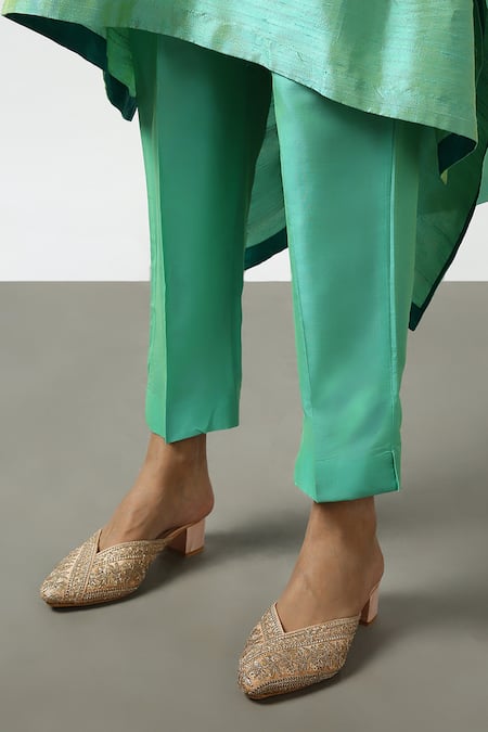 Latha Puttanna Blue Raw Silk Embroidered Mirror Round Asymmetric Kurta And Pant Set Online at Aza Fashions Latha Puttanna_Blue Raw Silk Embroidered Mirror Round Asymmetric Kurta And Pant Set _Online_at_Aza_Fashions