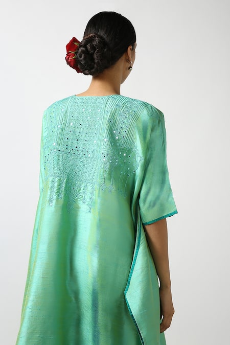 Buy Latha Puttanna Blue Raw Silk Embroidered Mirror Round Asymmetric Kurta And Pant Set Online at Aza Fashions Buy_Latha Puttanna_Blue Raw Silk Embroidered Mirror Round Asymmetric Kurta And Pant Set _Online_at_Aza_Fashions