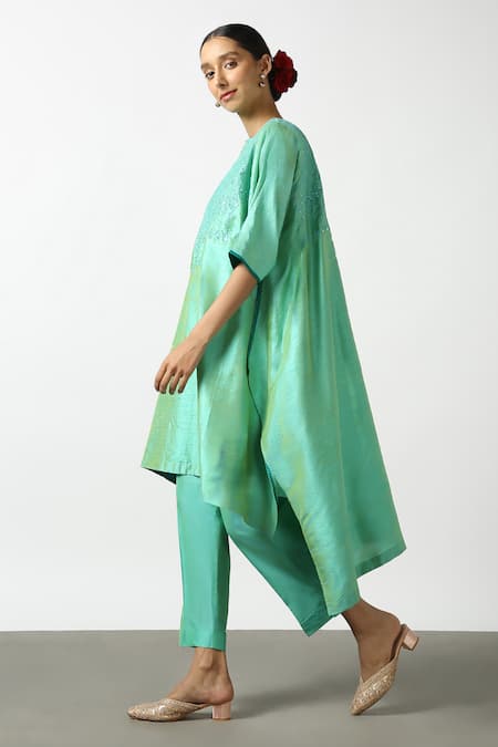 Shop Latha Puttanna Blue Raw Silk Embroidered Mirror Round Asymmetric Kurta And Pant Set Online at Aza Fashions Shop_Latha Puttanna_Blue Raw Silk Embroidered Mirror Round Asymmetric Kurta And Pant Set _Online_at_Aza_Fashions