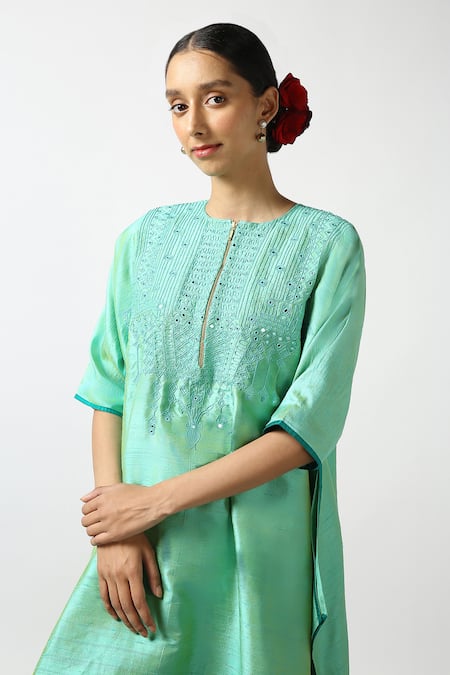 Latha Puttanna Blue Raw Silk Embroidered Mirror Round Asymmetric Kurta And Pant Set at Aza Fashions Latha Puttanna_Blue Raw Silk Embroidered Mirror Round Asymmetric Kurta And Pant Set _at_Aza_Fashions