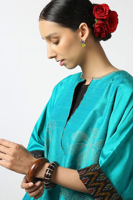 Buy_LATHA PUTTANNA_Blue Raw Silk Hand Embroidered And Printed Resham Work & Ikat Phiran Tunic _Online_at_Aza_Fashions