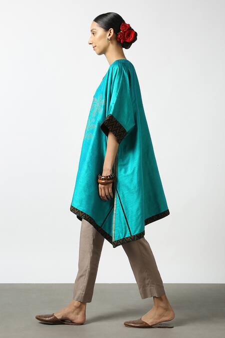 LATHA PUTTANNA_Blue Raw Silk Hand Embroidered And Printed Resham Work & Ikat Phiran Tunic _Online_at_Aza_Fashions