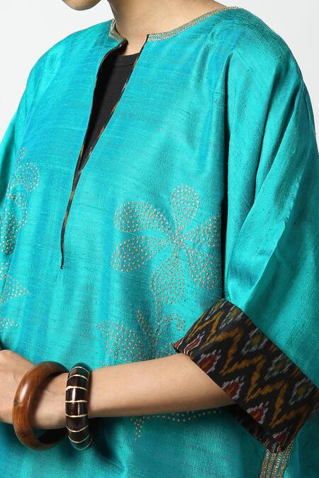 Shop_LATHA PUTTANNA_Blue Raw Silk Hand Embroidered And Printed Resham Work & Ikat Phiran Tunic _Online_at_Aza_Fashions
