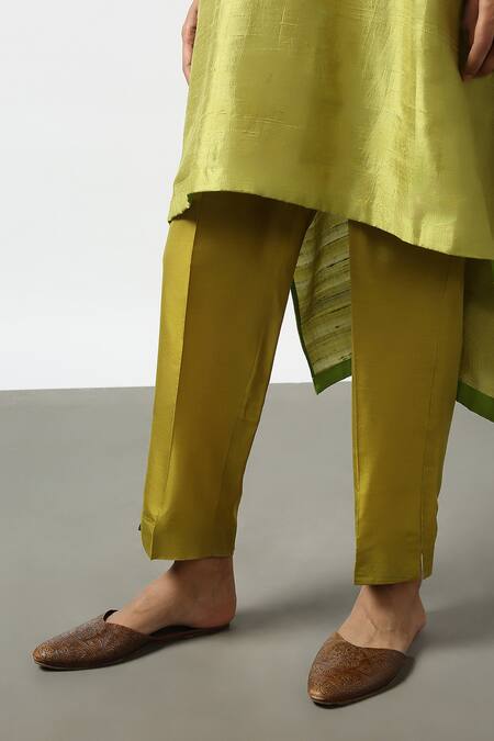 Shop_Latha Puttanna_Green Raw Silk Embroidered Mirror Round Kurta And Pant Set  _Online_at_Aza_Fashions
