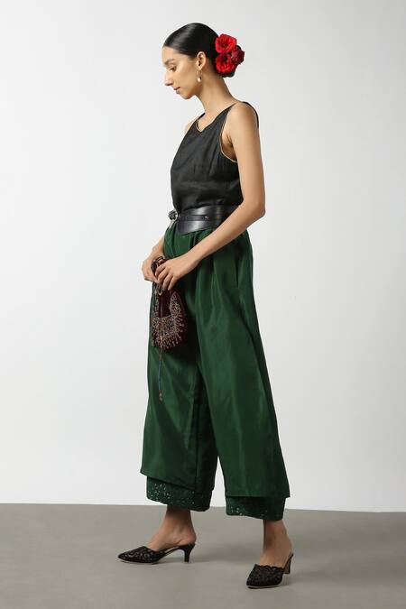 Shop Latha Puttanna Green Soft Silk Embroidered Sequin Work Layered Pant Online at Aza Fashions Shop_Latha Puttanna_Green Soft Silk Embroidered Sequin Work Layered Pant _Online_at_Aza_Fashions