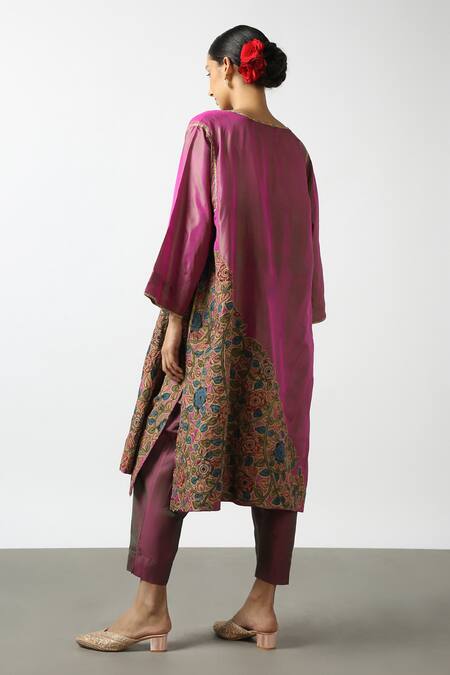 Shop Latha Puttanna Pink Two Tone Silk Embroidered Applique Notched Kurta And Pant Set at Aza Fashions Shop_Latha Puttanna_Pink Two Tone Silk Embroidered Applique Notched Kurta And Pant Set _at_Aza_Fashions