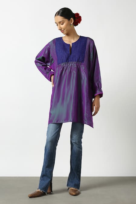 Latha Puttanna Purple Two Tone Silk Hand Embroidered Thread And Bead Work Yoke Phiran Tunic